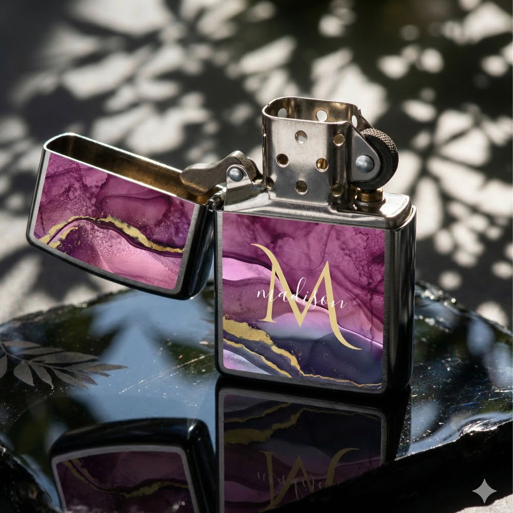 Monogram Purple Pink and Gold Agate Geode  Zippo Lighter