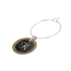 Custom Gold Glitter Black Sparkle Monogram Wine Charm