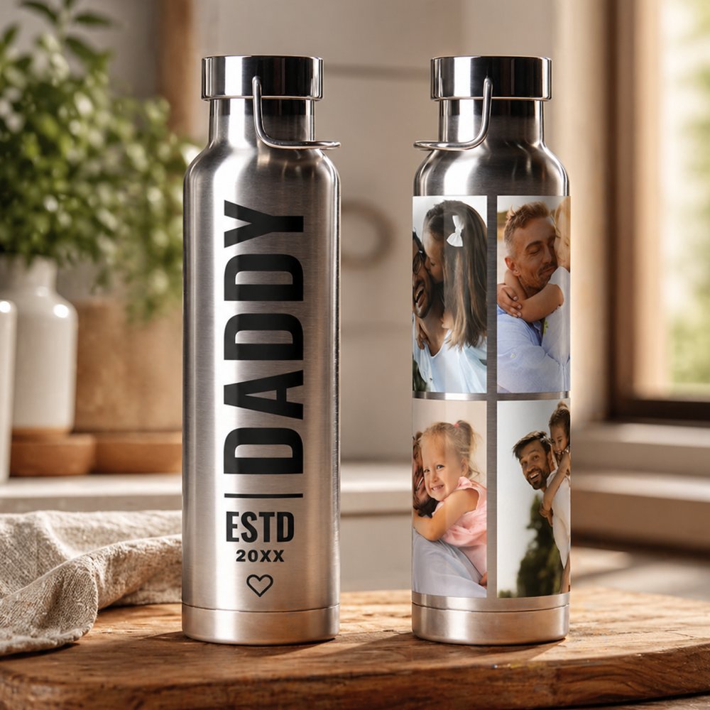 Silver Black Photo Daddy Collage Wrap Water Bottle