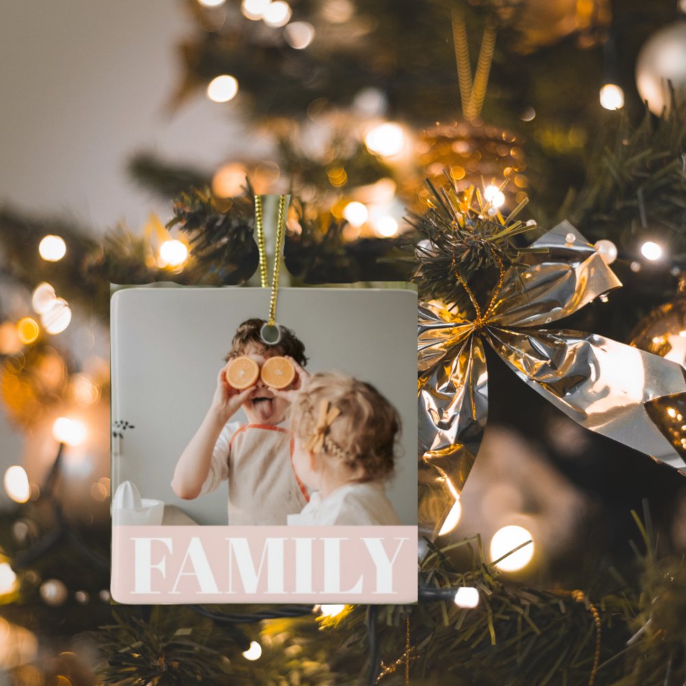 Modern Pastel Pink Family Photo Gift Ceramic Ornament