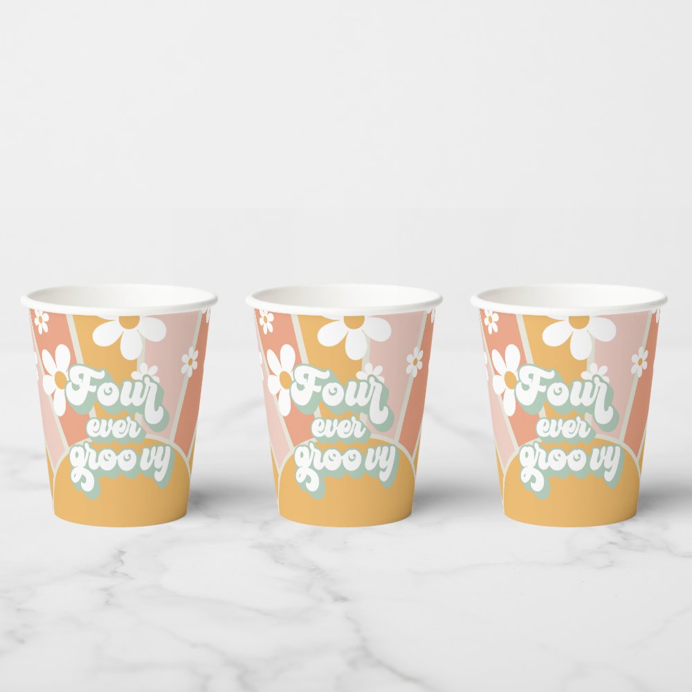 Four Every Groovy Retro Sunshine Daisy Birthday Paper Cups