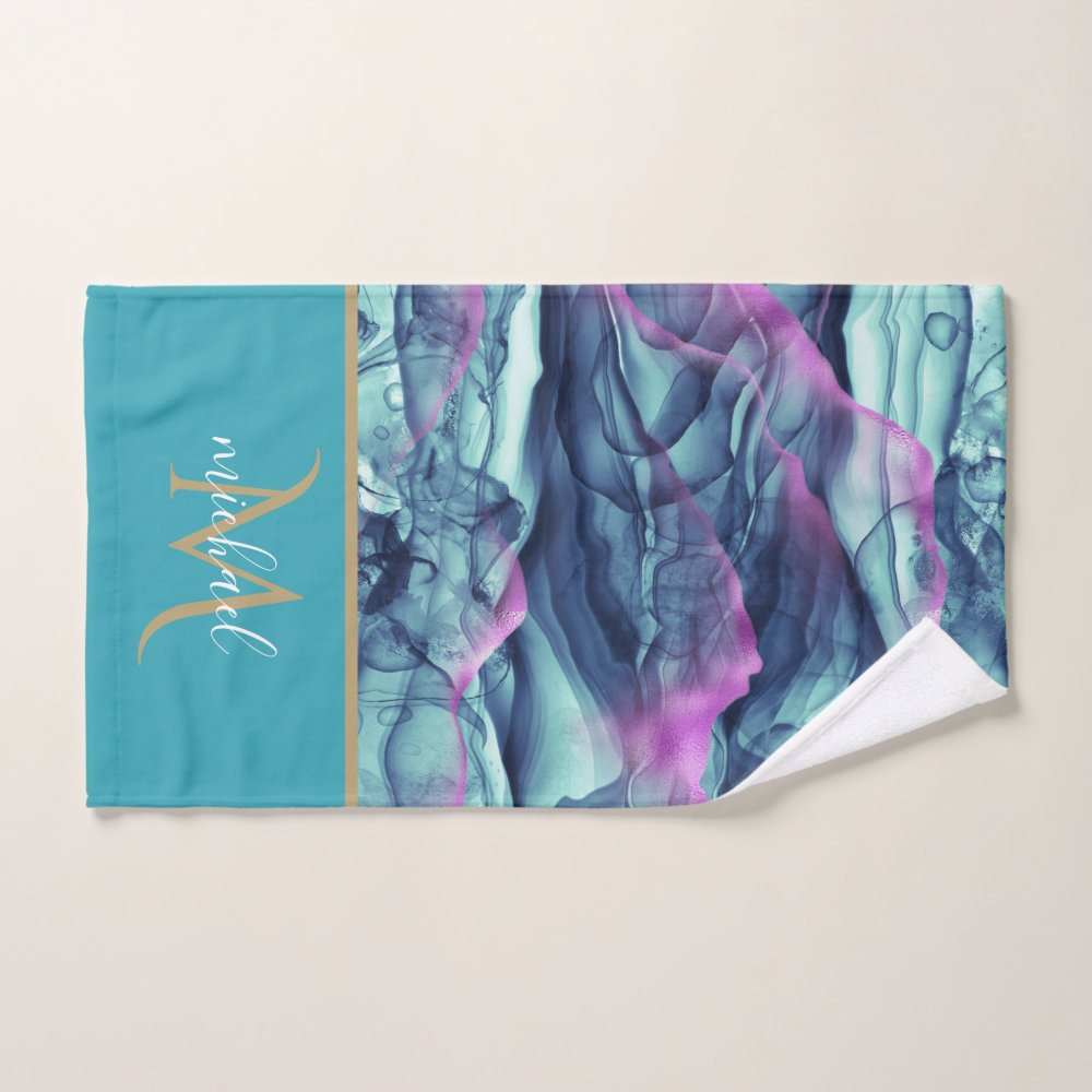 Turquoise Teal  Marble Agate & Monogram Bath Towel Set