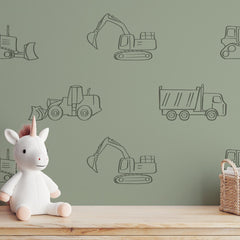Construction Vehicles Builder Boy Truck Sage Green Wallpaper