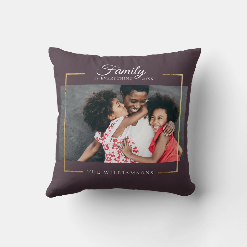 Modern Frame |  Family is EVERYTHING Photo Gold Throw Pillow