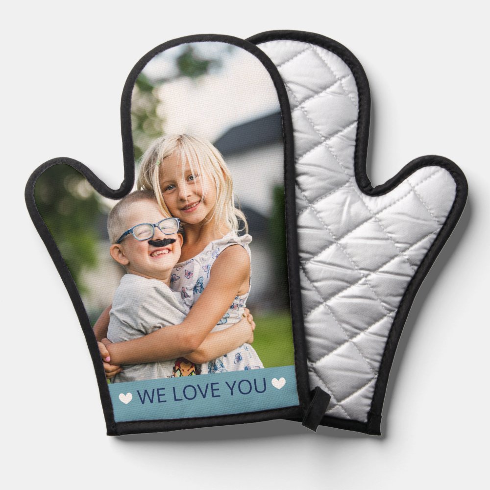 Blue & White We Love You Photo Oven Mitt