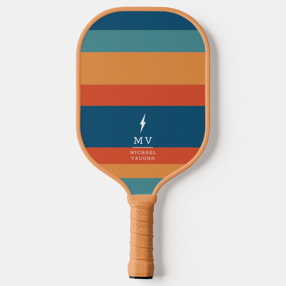 Pickleball Boss Lightning Bolt Retro Stripes Name  Paddle