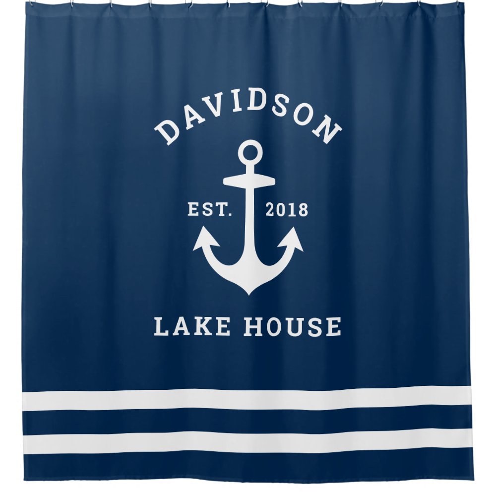 Nautical Navy Lake House Anchor Family Shower Curtain