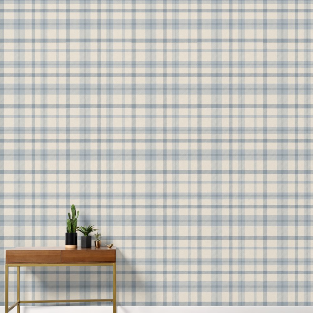 Masculine Muted Blue Plaid w/ Linen Texture Wallpaper