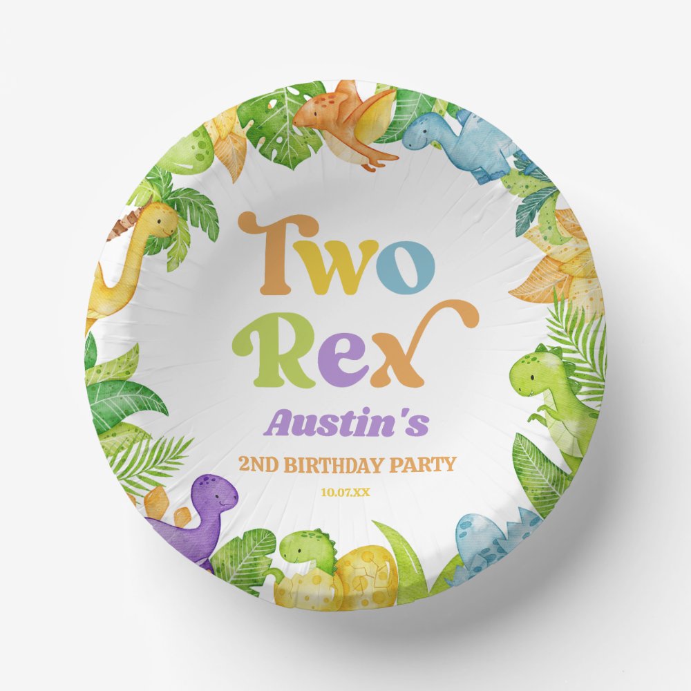 Two Rex Dinosaur 2nd Second Birthday Party Paper Bowls