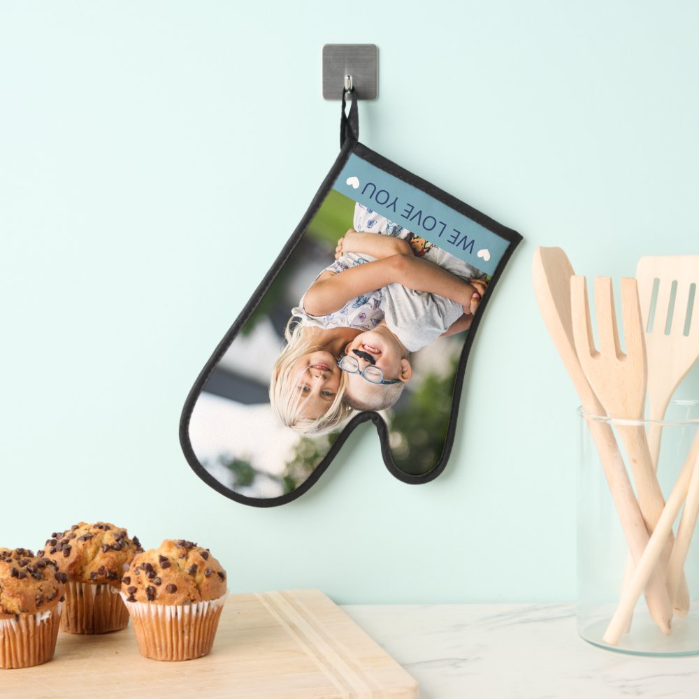 Blue & White We Love You Photo Oven Mitt
