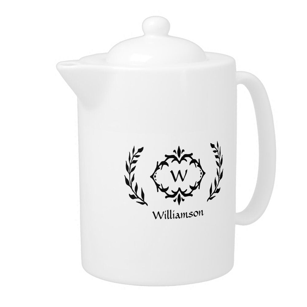 Elegant Monogram Name Modern Wreath Black & White Teapot