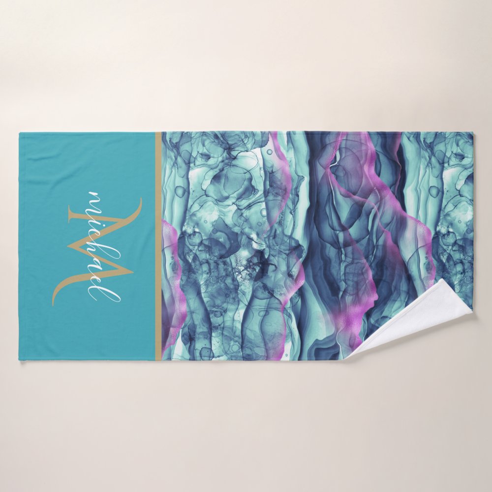 Turquoise Teal  Marble Agate & Monogram Bath Towel Set