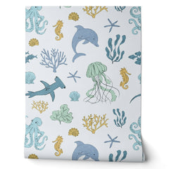 Blue Ocean Animals Boy's Room Wallpaper