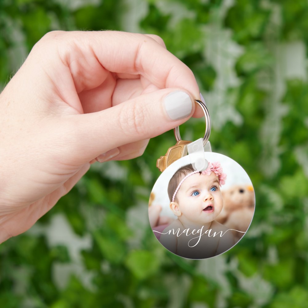 Custom Baby Photo Name Handwriting Script Keychain
