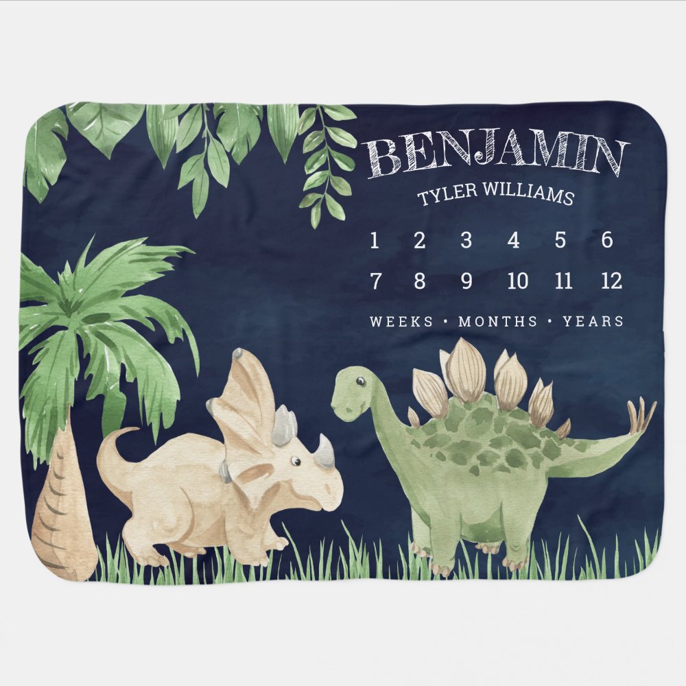 Rustic Jungle Cute Baby Dinosaurs Navy Milestone Blanket