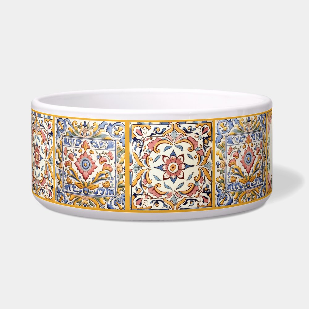Yellow Pink & Blue Mediterranean Tile Custom Pet Bowl