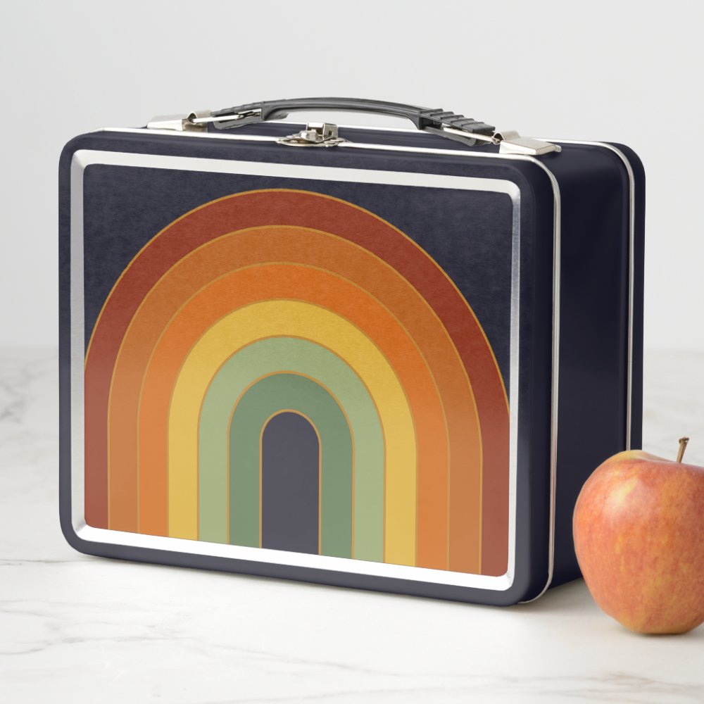 Muted Retro Seventies Rainbow Black Metal Lunch Box