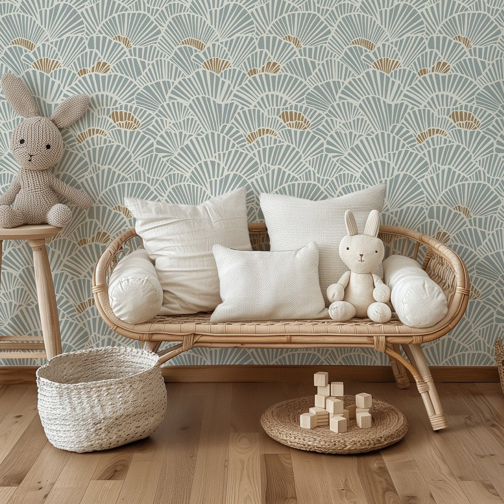 Soft Blue and Gold Fan Shell Art Deco Wallpaper