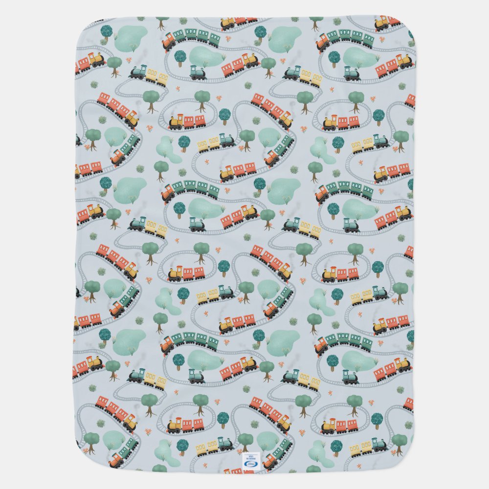 Boys Cute Train Travel Keepsake Birth Stats Baby Blanket