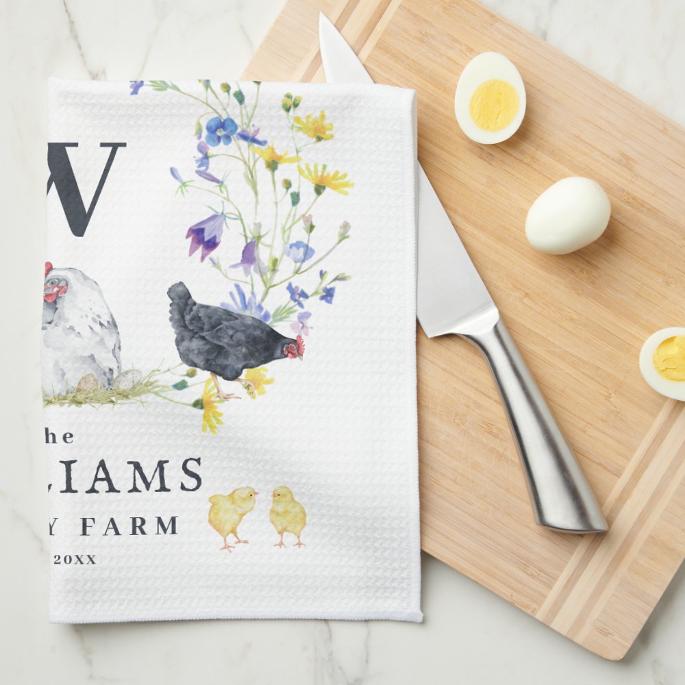 Rustic Farmhouse Chicken | Family Name Monogram  Kitchen Towel