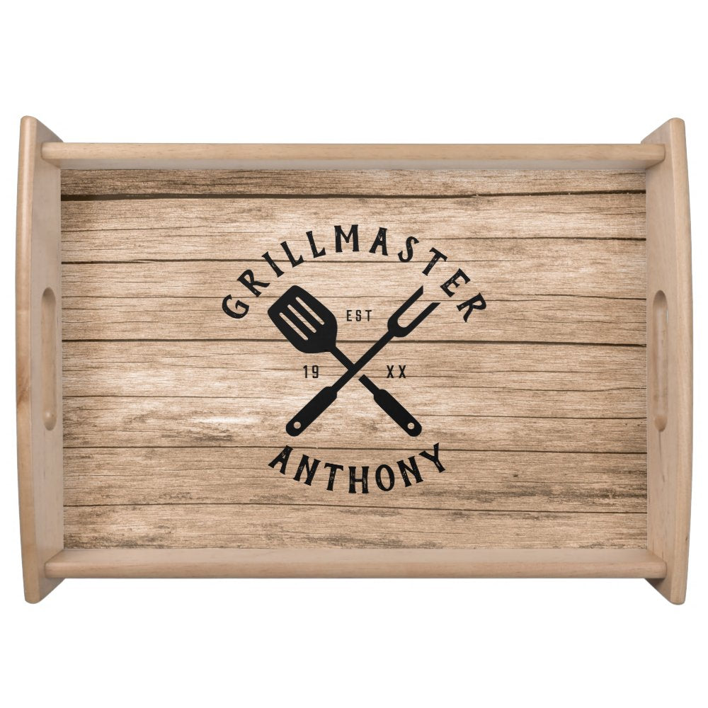 Custom Retro GRILLMASTER Rustic Farmhouse Wood Serving Tray