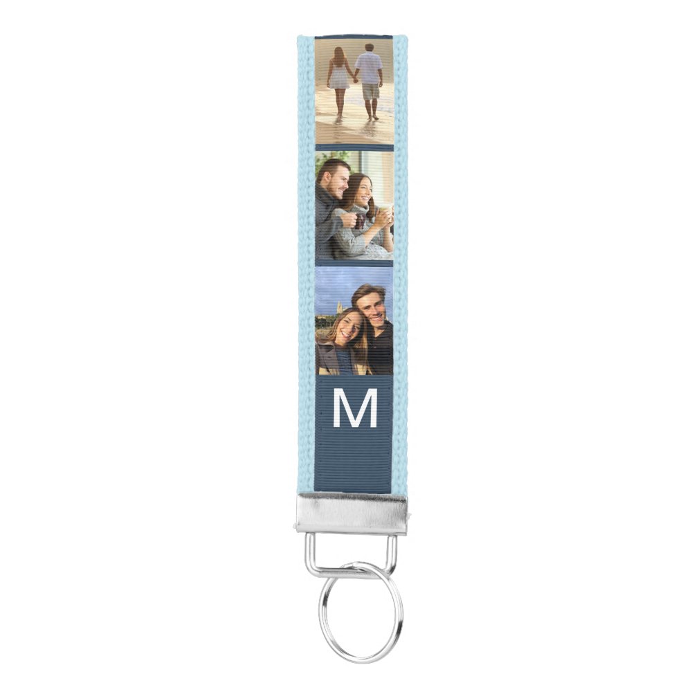 Monogrammed 6 Photo Strip Collage Blue Wrist Keychain