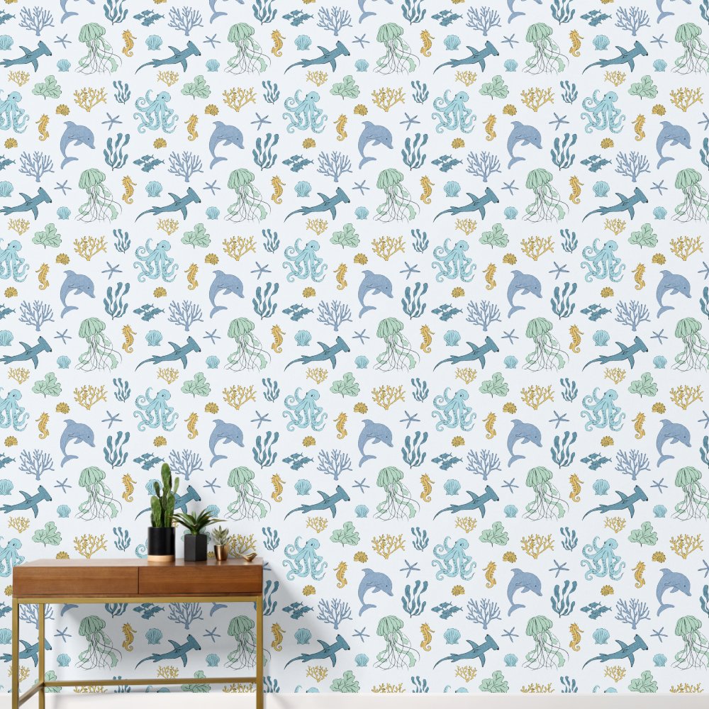 Blue Ocean Animals Boy's Room Wallpaper