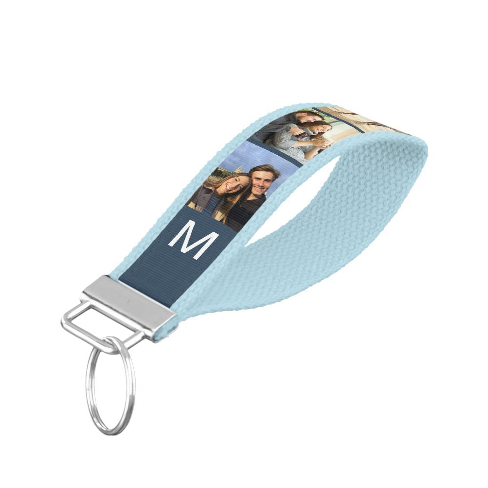 Monogrammed 6 Photo Strip Collage Blue Wrist Keychain