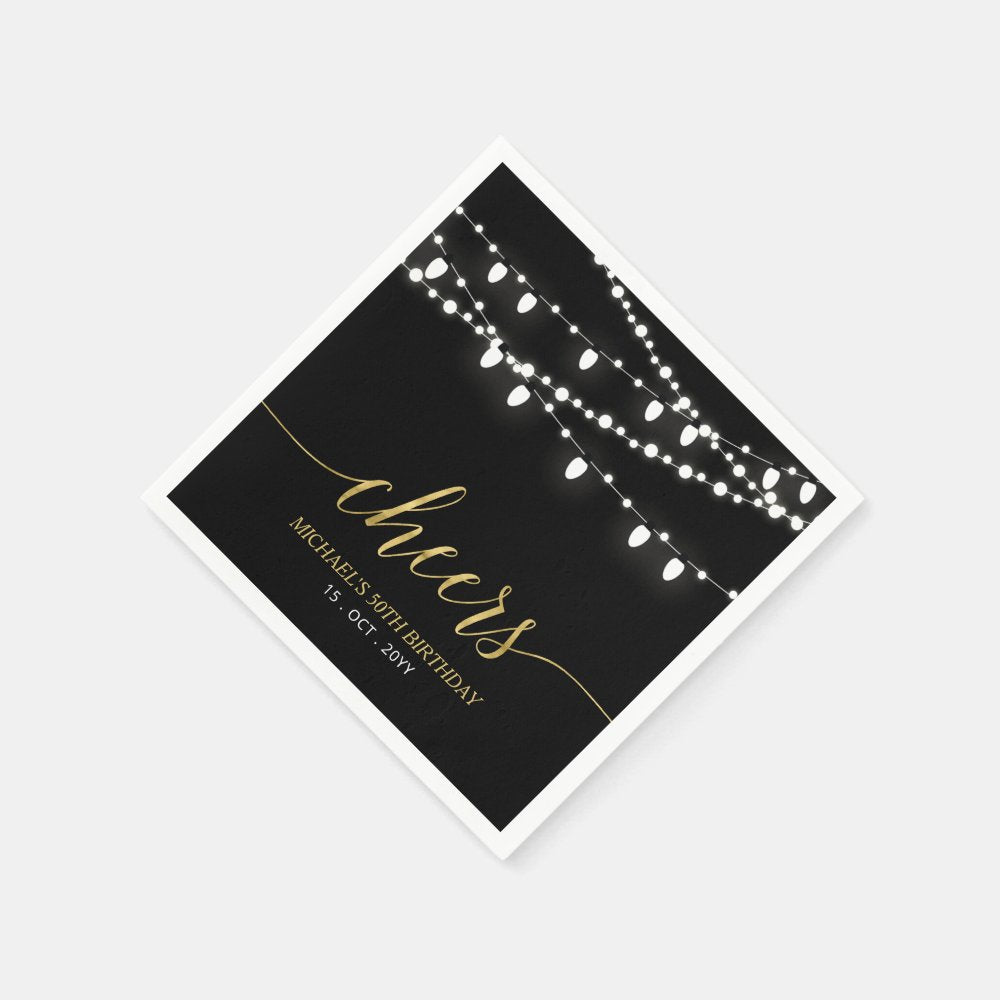Black & Gold | Elegant Lights Adult Birthday Party Napkins