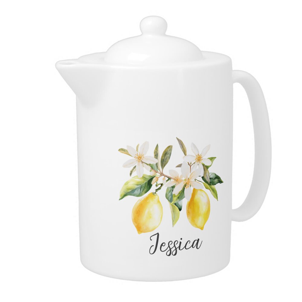 Monogram Lemon Fruits White Flowers Tree Branch Teapot