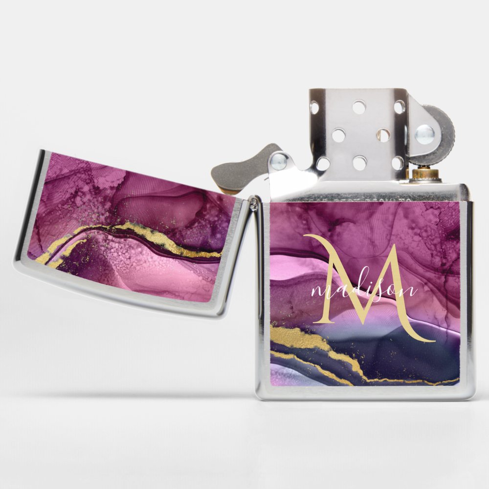 Monogram Purple Pink and Gold Agate Geode  Zippo Lighter