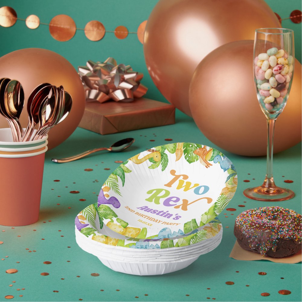 Two Rex Dinosaur 2nd Second Birthday Party Paper Bowls