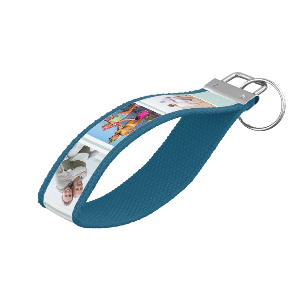 Personalized 6 Photo Collage Misty Blue Stripe Wrist Keychain