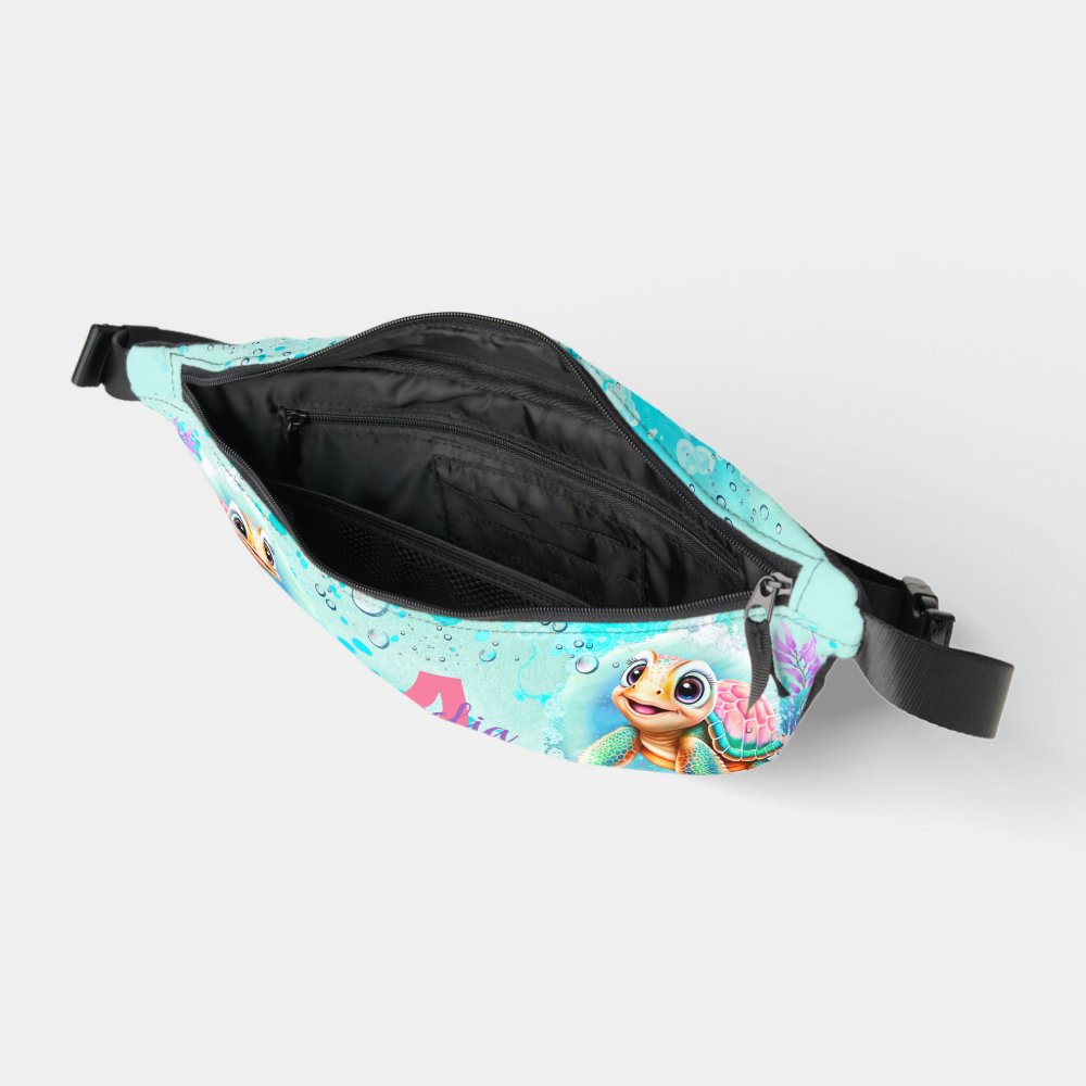 Cute Happy Turtle Girl Ocean Turquoise Name Fanny Pack