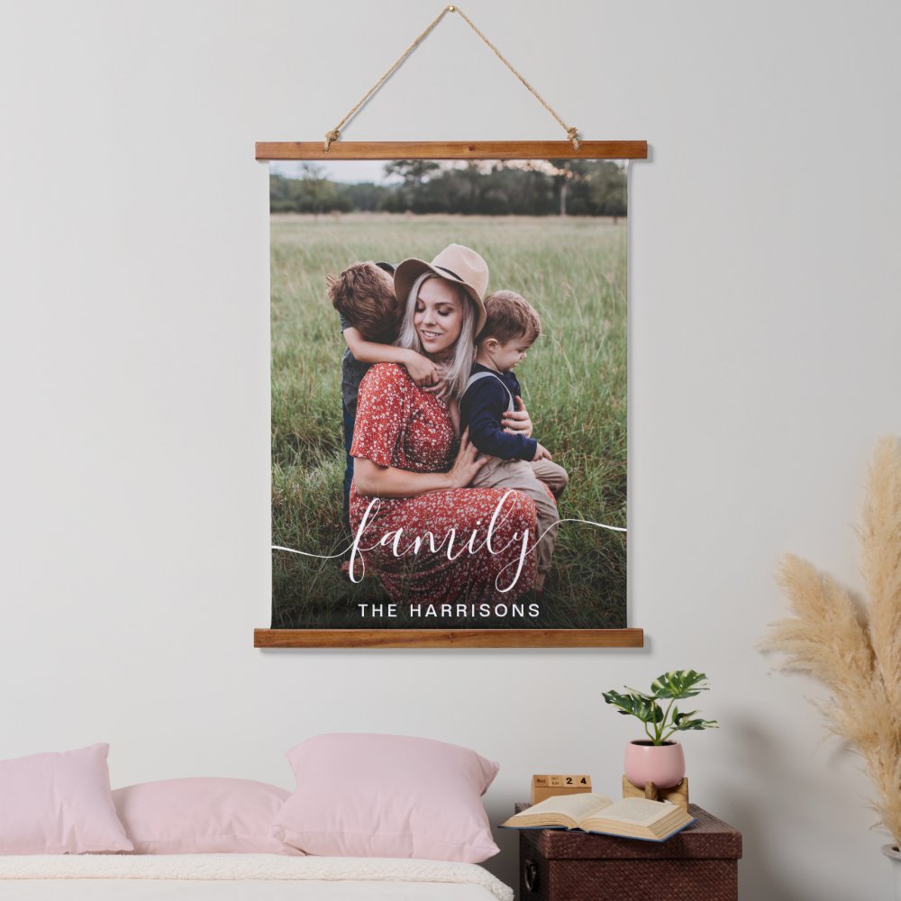 Family White Script Photo Overlay Monogram Hanging Tapestry