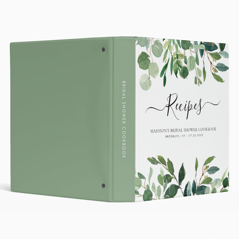 Modern Eucalyptus Botanical Bridal Shower Recipe 3 Ring Binder