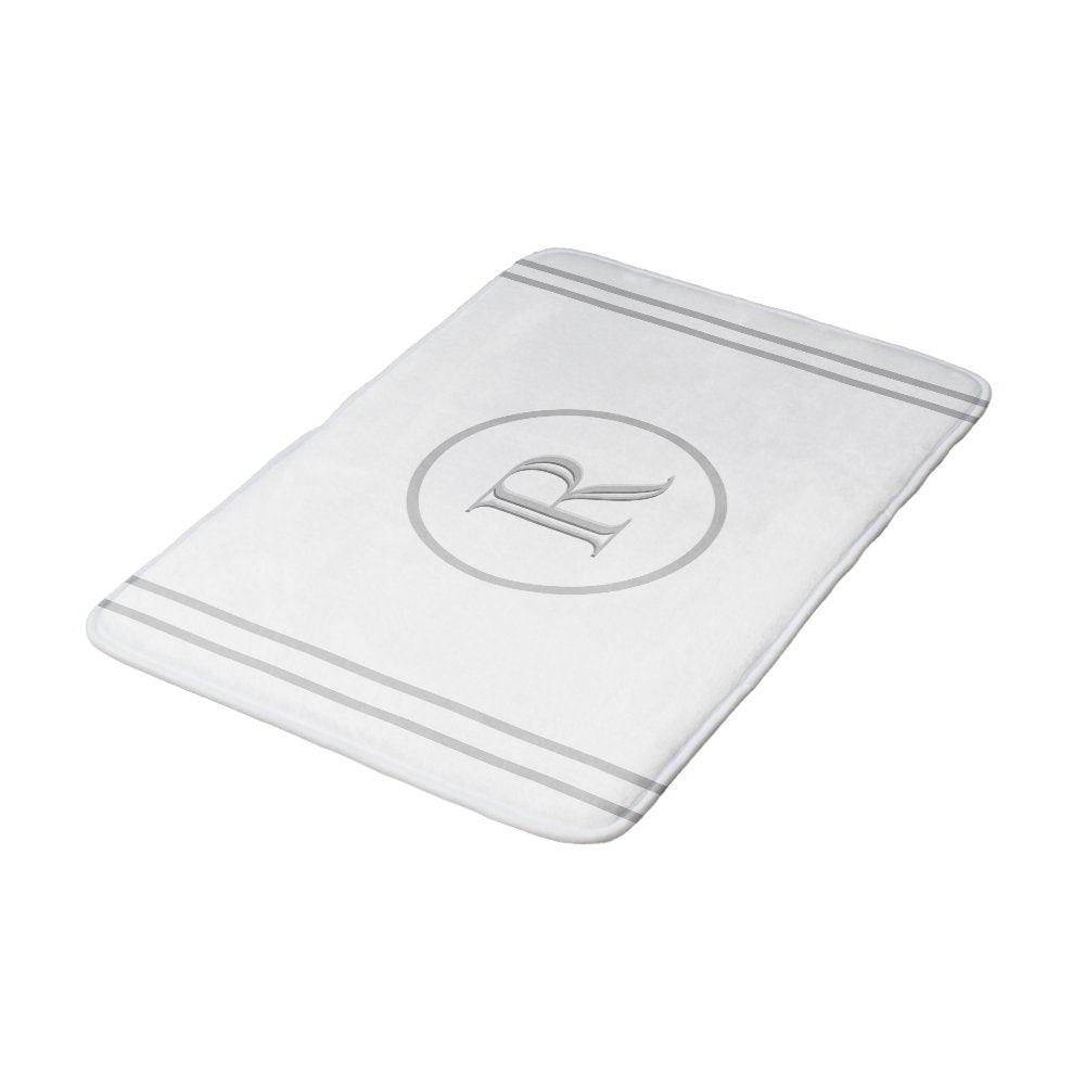 Elegant Chic White Grey Trim Custom Monogram    Bath Mat