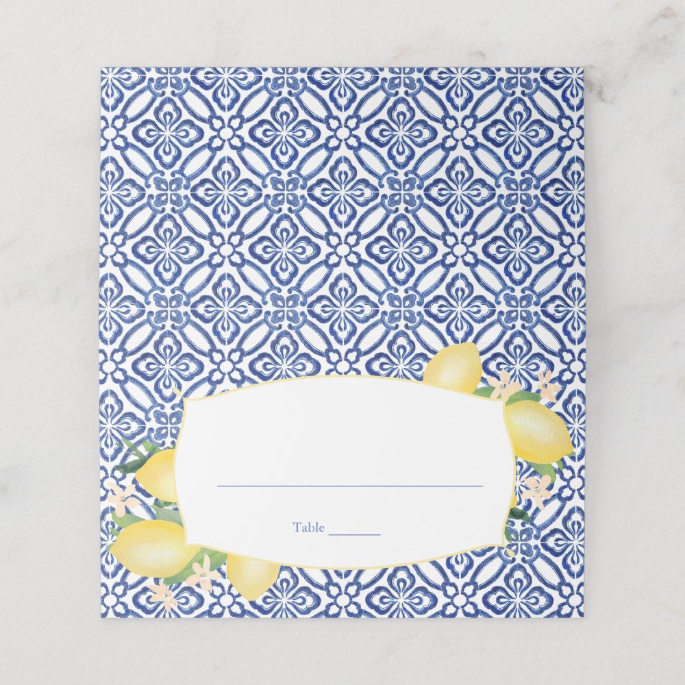 Positano Lemons Blue and White Pattern Wedding Place Card