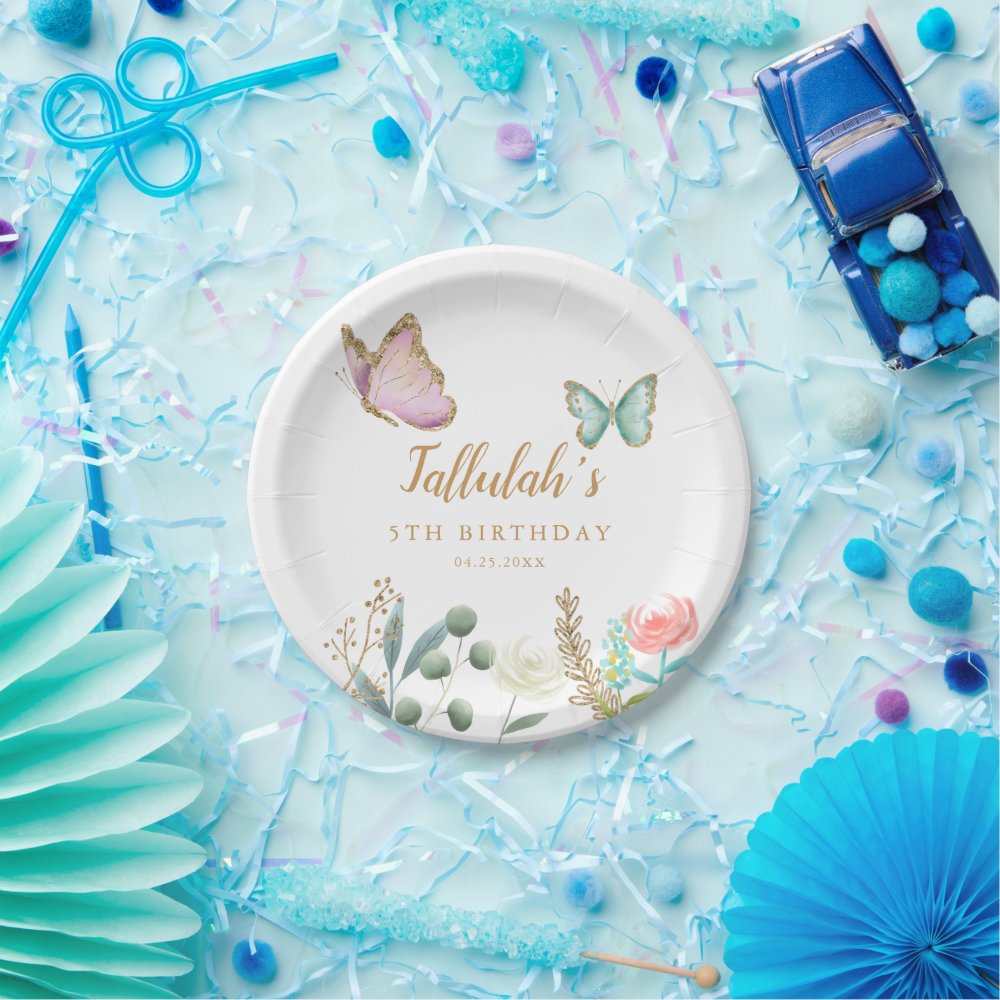 Whimsical Gold Butterfly Garden Birthday Party Paper Plates