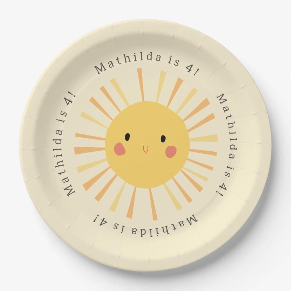 Cute yellow sunshine illustration birthday party paper plates