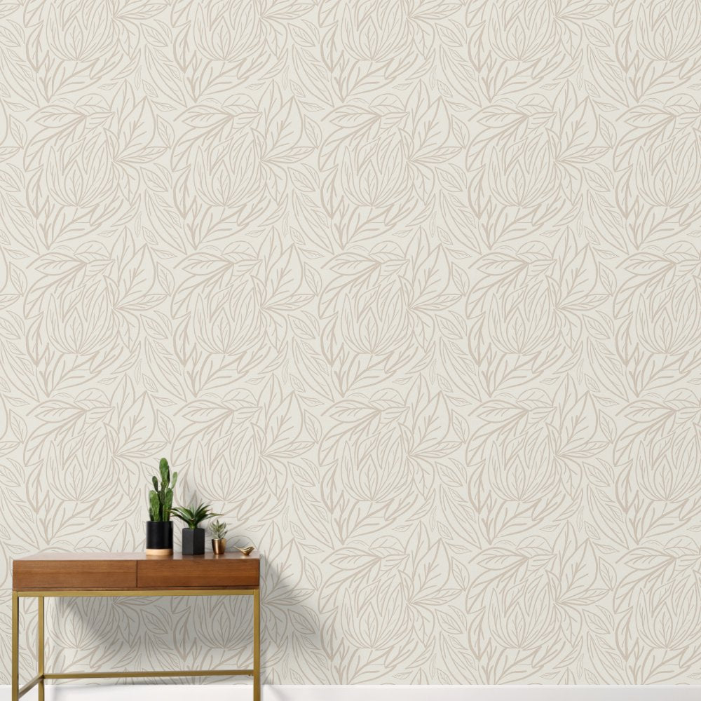 Japandi Line art leaves minimal neutral beige Wallpaper