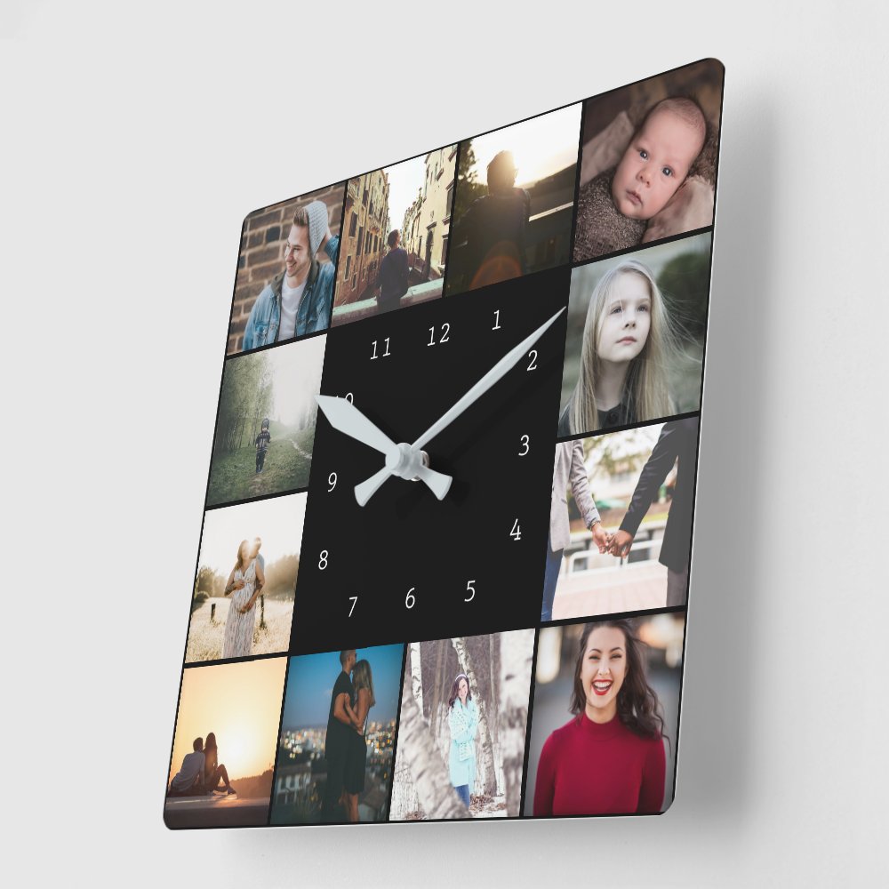 DIY Personalized 12 Photo Collage Template Square Wall Clock