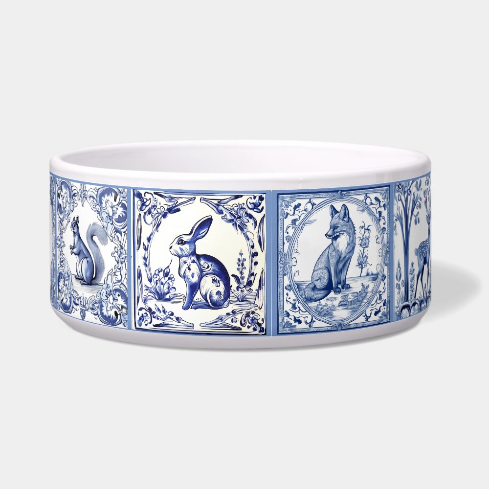 Blue and White Woodland Tiles Custom Pet Bowl