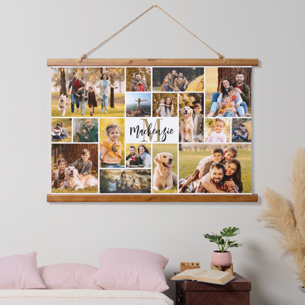 Modern 17 Photo Collage Monogram Script Name Hanging Tapestry