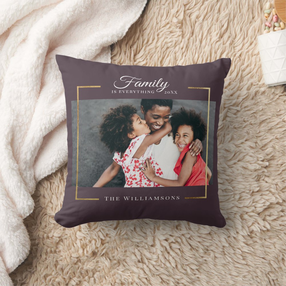 Modern Frame |  Family is EVERYTHING Photo Gold Throw Pillow