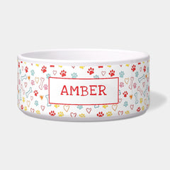 Paws & Hearts Pattern Custom Name Pet  Bowl