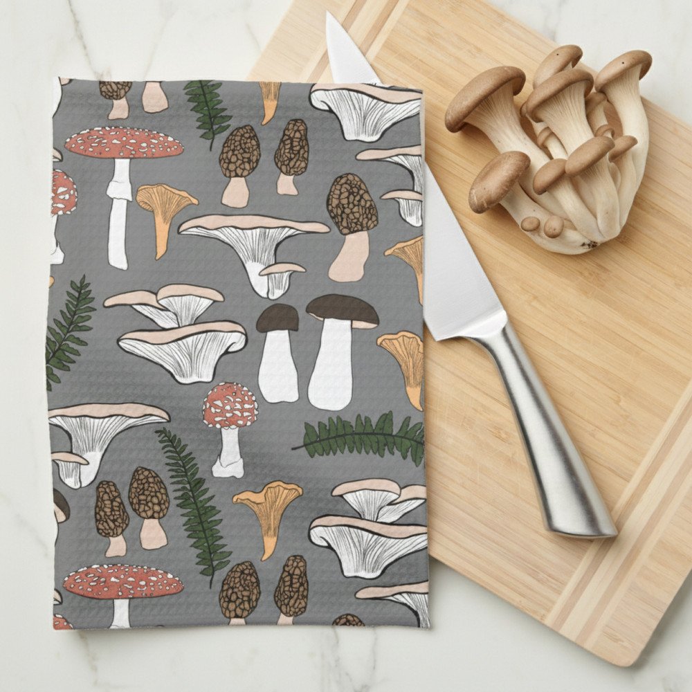 Fun Fungi Mushroom Fern Pattern Kitchen Towel