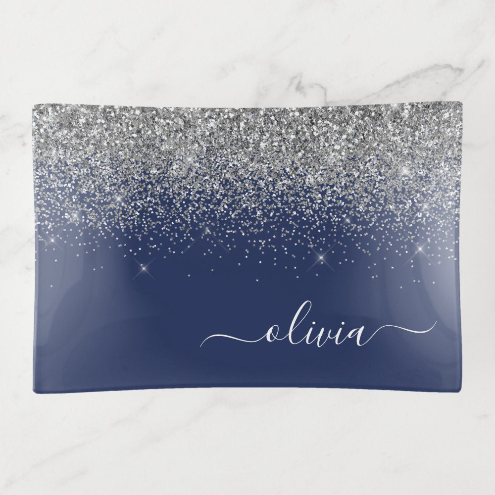 Navy Blue Silver Glitter Girly Monogram Name Trinket Tray