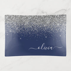 Navy Blue Silver Glitter Girly Monogram Name Trinket Tray