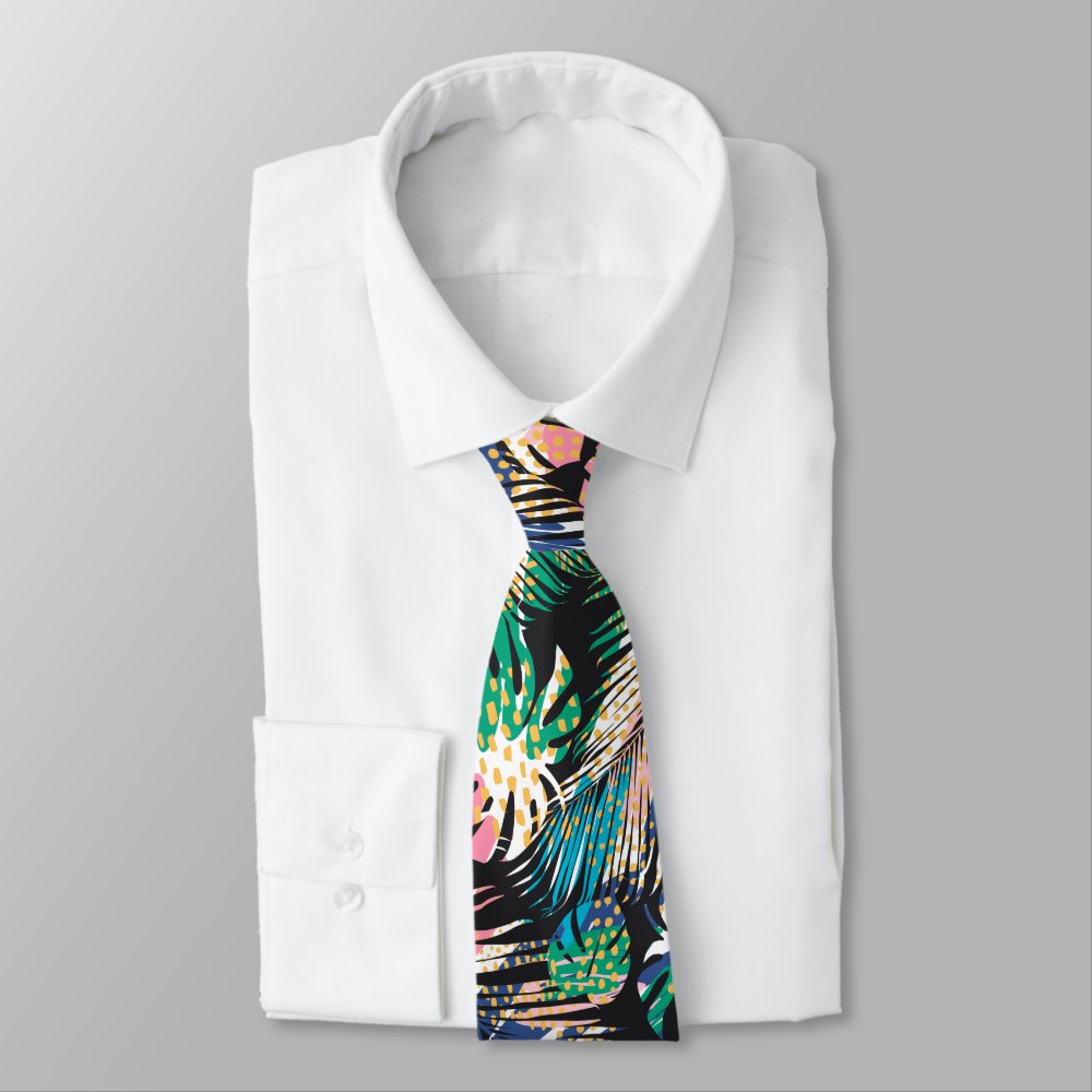 Black Pink Green White Tropical Plants Neck Tie